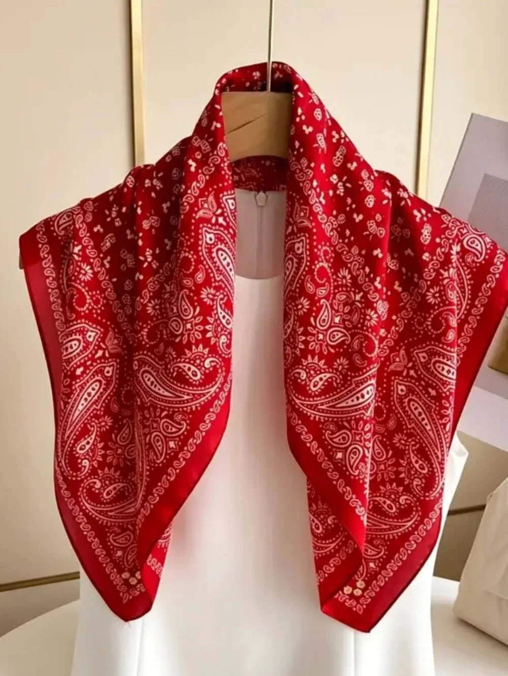 Silk-feel Red Paisley  - Women  Head Scarf , Neck Scarf